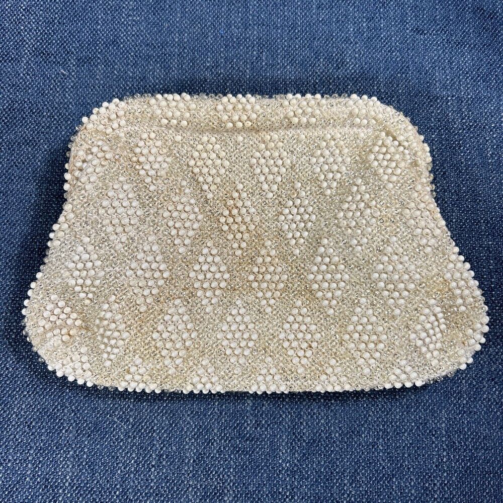 Vintage Ivory Beaded Clutch Purse Bag Diamond Pattern Beading No Strap